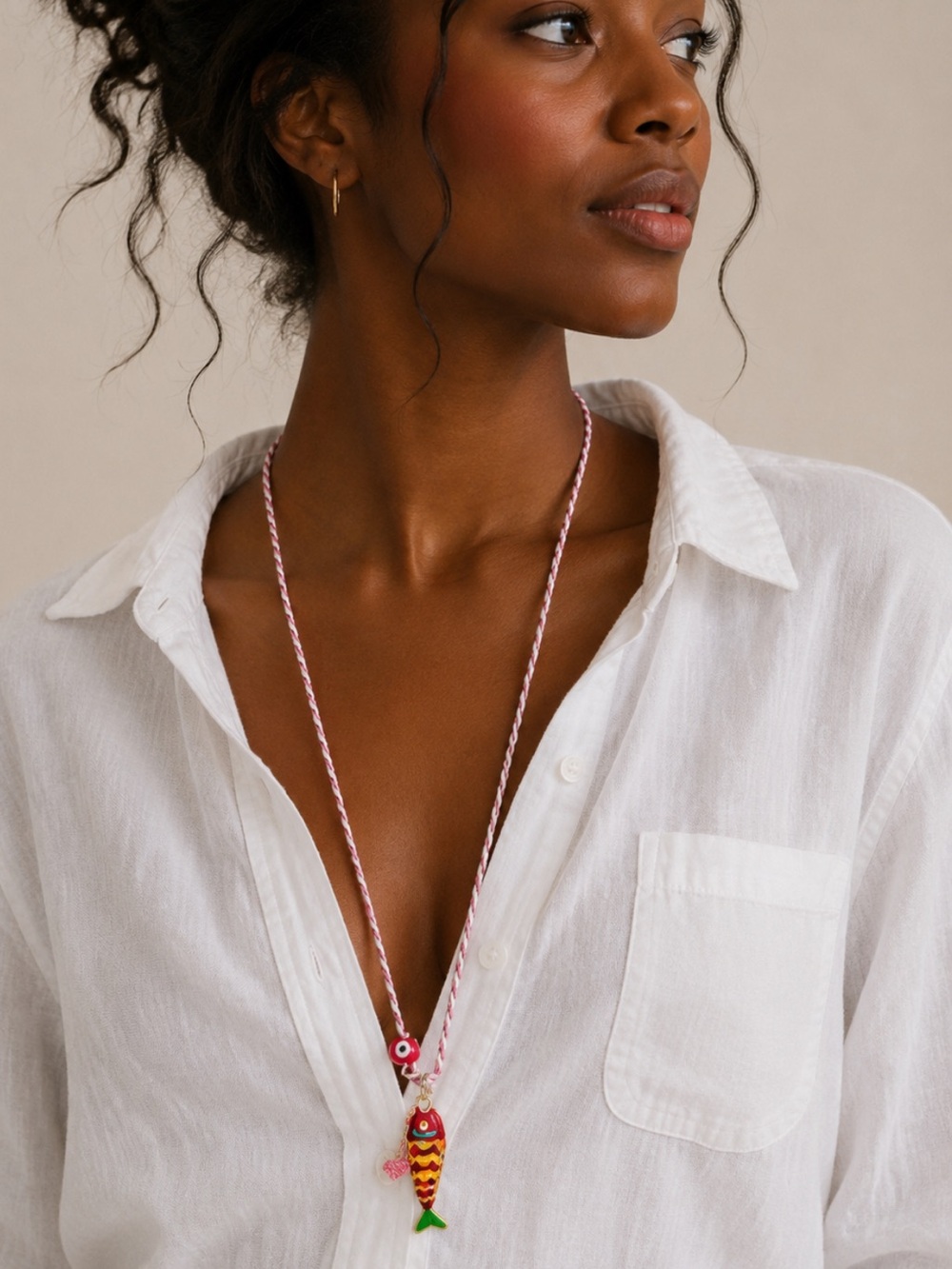 New! Coastal Fish Charm Braided Pink Necklace NWOT (1011)